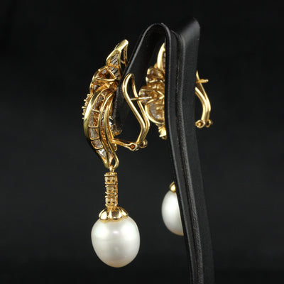 Vintage 18K Yellow Gold Diamond and South  Sea Pearl Drop Earrings