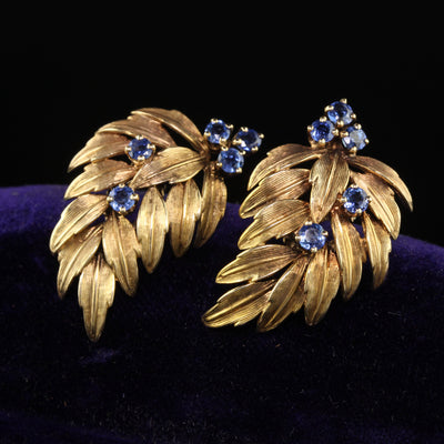 Vintage Estate Dankner 14K Yellow Gold Sapphire Leaf Earrings