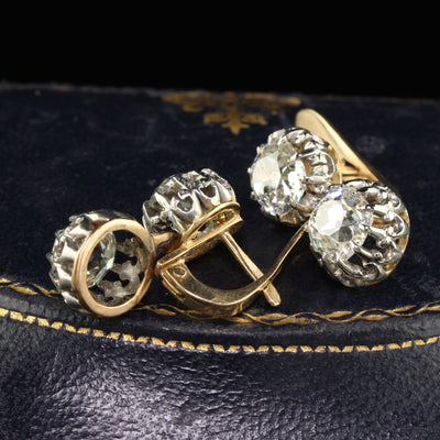 Antique Art Deco 18K Yellow Gold and Platinum Old Mine Diamond Drop Earrings - GIA