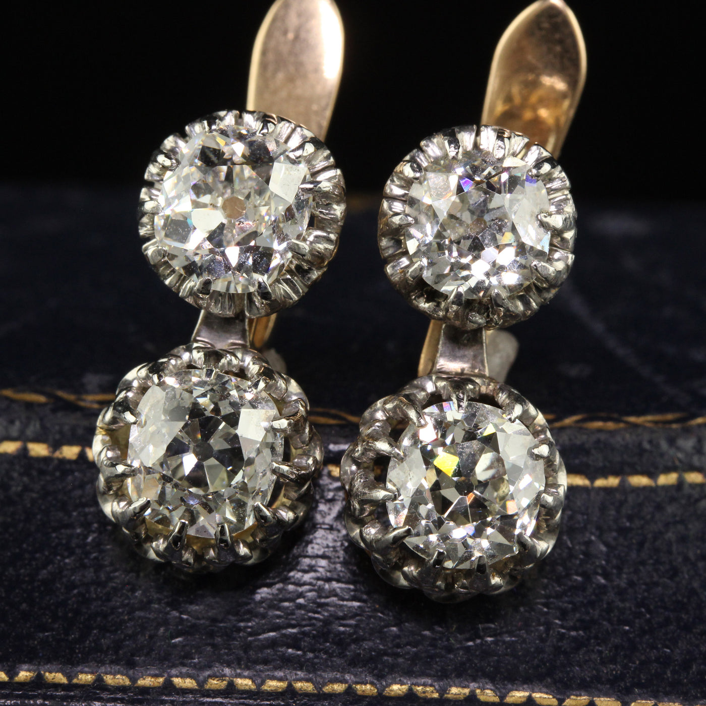 Antique Art Deco 18K Yellow Gold and Platinum Old Mine Diamond Drop Earrings - GIA