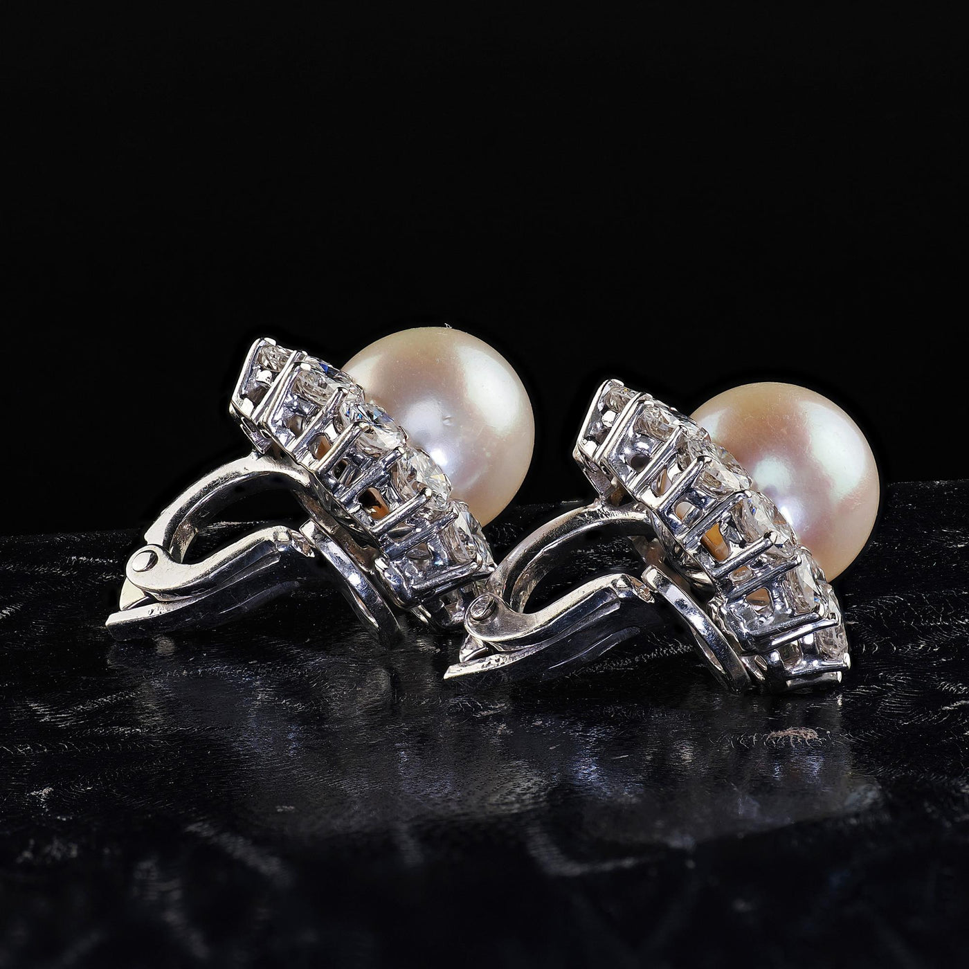 Vintage Estate 18K White Gold Diamond Halo and Pearl Clip On Earrings