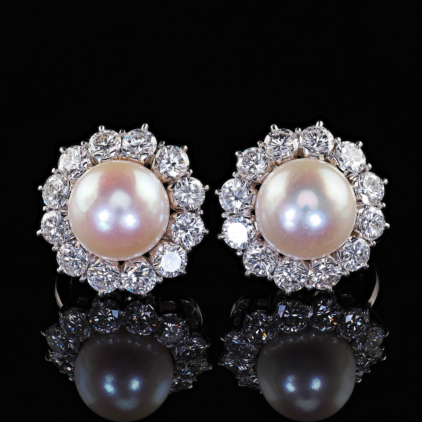 Vintage Estate 18K White Gold Diamond Halo and Pearl Clip On Earrings