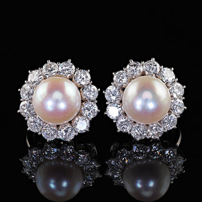 Vintage Estate 18K White Gold Diamond Halo and Pearl Clip On Earrings