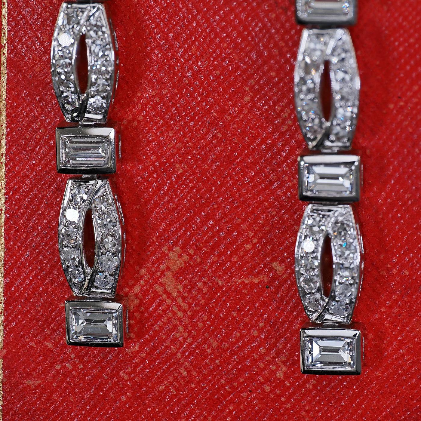 Antique Art Deco Platinum Old Cut Baguette Cut Diamond Drop Dangle Earrings