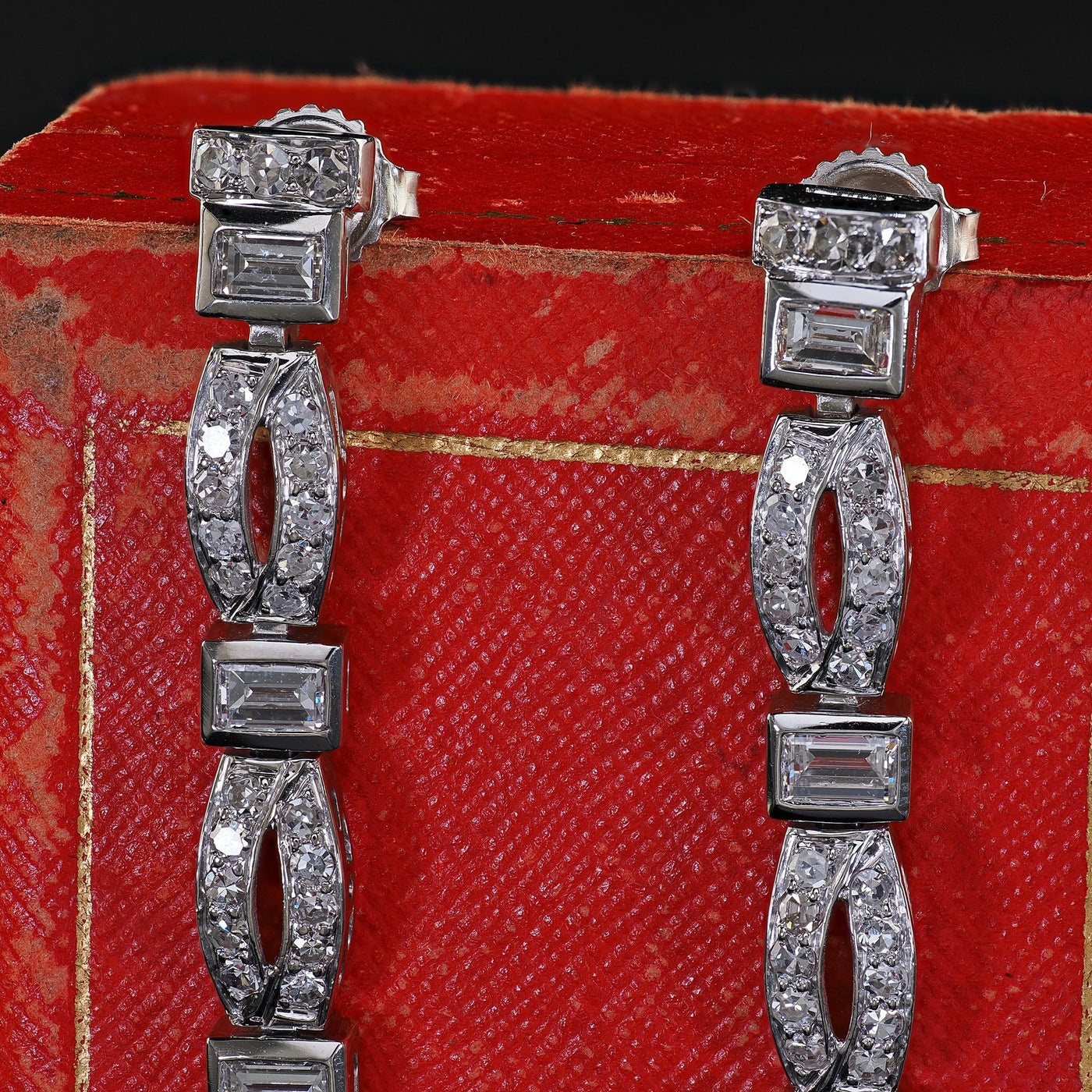 Antique Art Deco Platinum Old Cut Baguette Cut Diamond Drop Dangle Earrings