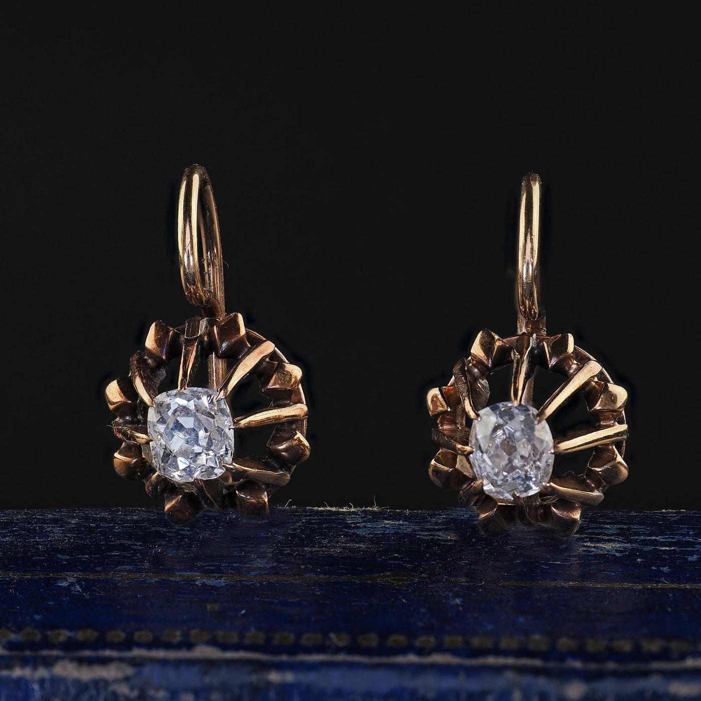 Antique Victorian 14K Yellow Gold Old Mine Diamond Drop Earrings