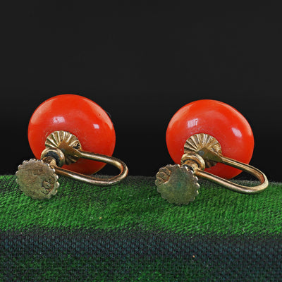 Antique Victorian 9K Yellow Gold Natural Red Coral Screw Back Earrings