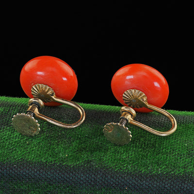 Antique Victorian 9K Yellow Gold Natural Red Coral Screw Back Earrings