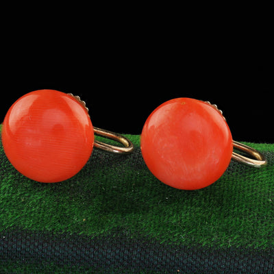 Antique Victorian 9K Yellow Gold Natural Red Coral Screw Back Earrings