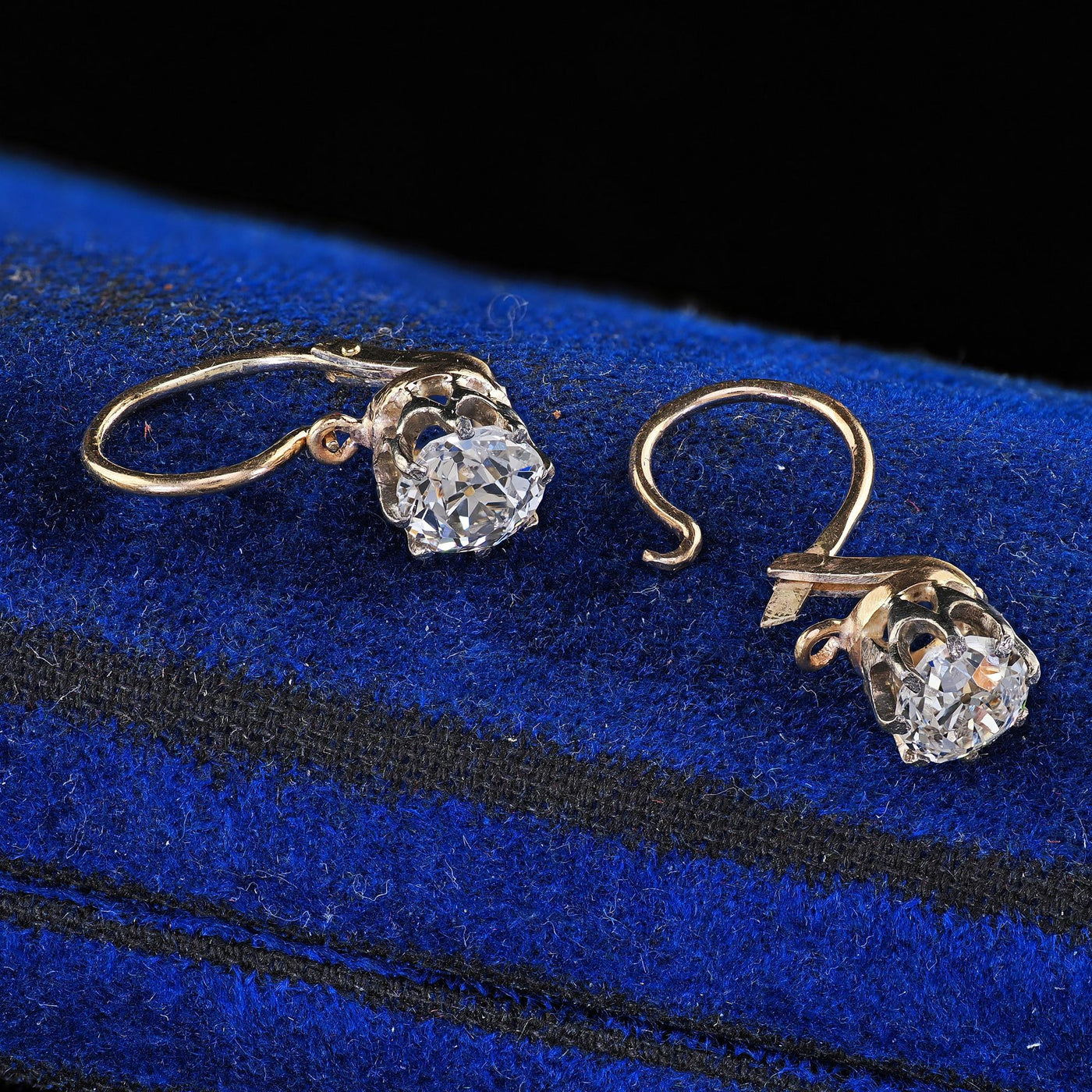 Antique Art Deco 14K Yellow Gold Old European Cut Diamond Drop Earrings