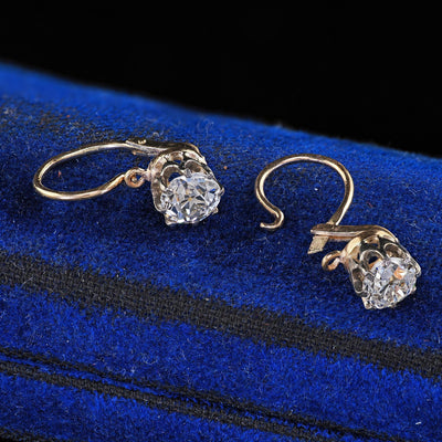 Antique Art Deco 14K Yellow Gold Old European Cut Diamond Drop Earrings