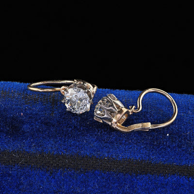 Antique Art Deco 14K Yellow Gold Old European Cut Diamond Drop Earrings