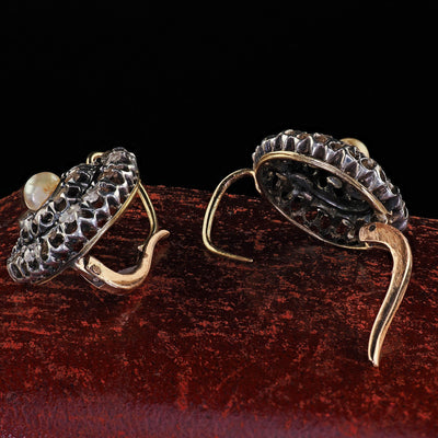 Antique Victorian 18K Gold and Silver Rose Cut Diamond and Pearl Drop Earrings