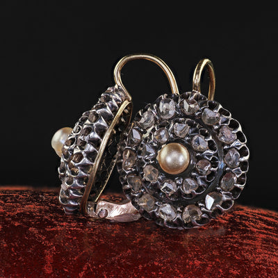 Antique Victorian 18K Gold and Silver Rose Cut Diamond and Pearl Drop Earrings