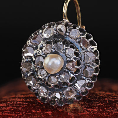 Antique Victorian 18K Gold and Silver Rose Cut Diamond and Pearl Drop Earrings