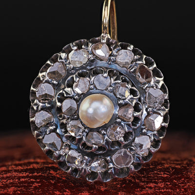 Antique Victorian 18K Gold and Silver Rose Cut Diamond and Pearl Drop Earrings