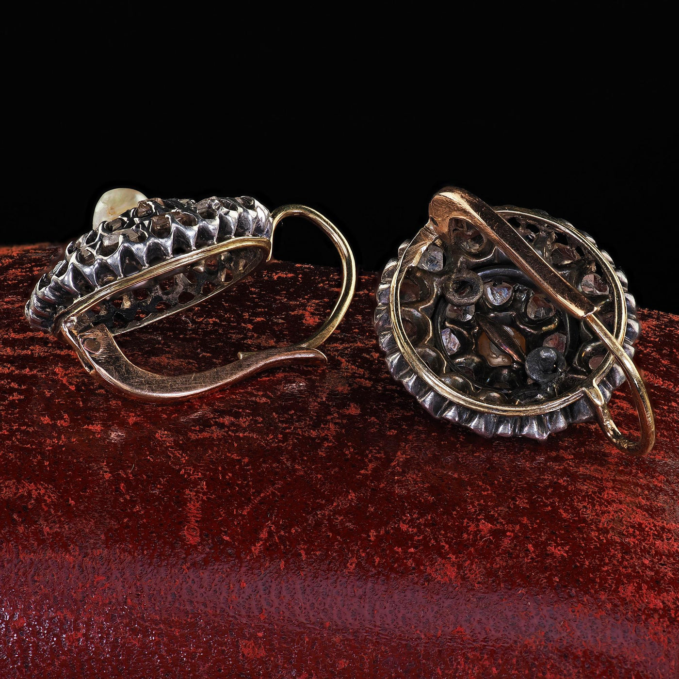 Antique Victorian 18K Gold and Silver Rose Cut Diamond and Pearl Drop Earrings