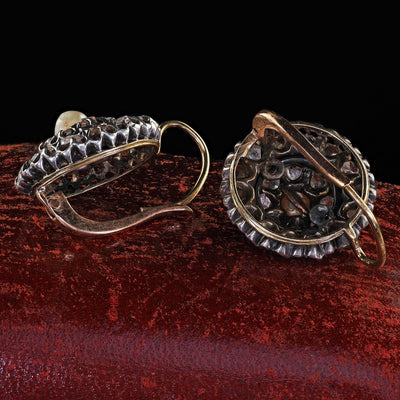 Antique Victorian 18K Gold and Silver Rose Cut Diamond and Pearl Drop Earrings