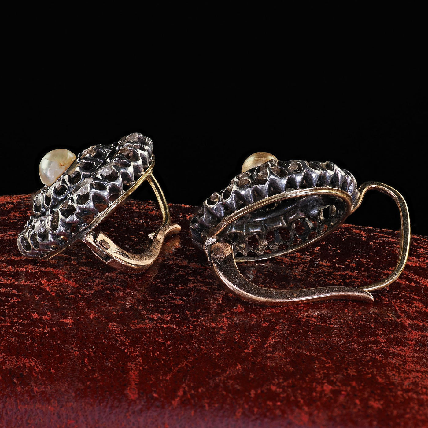 Antique Victorian 18K Gold and Silver Rose Cut Diamond and Pearl Drop Earrings