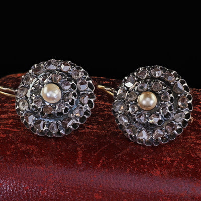 Antique Victorian 18K Gold and Silver Rose Cut Diamond and Pearl Drop Earrings