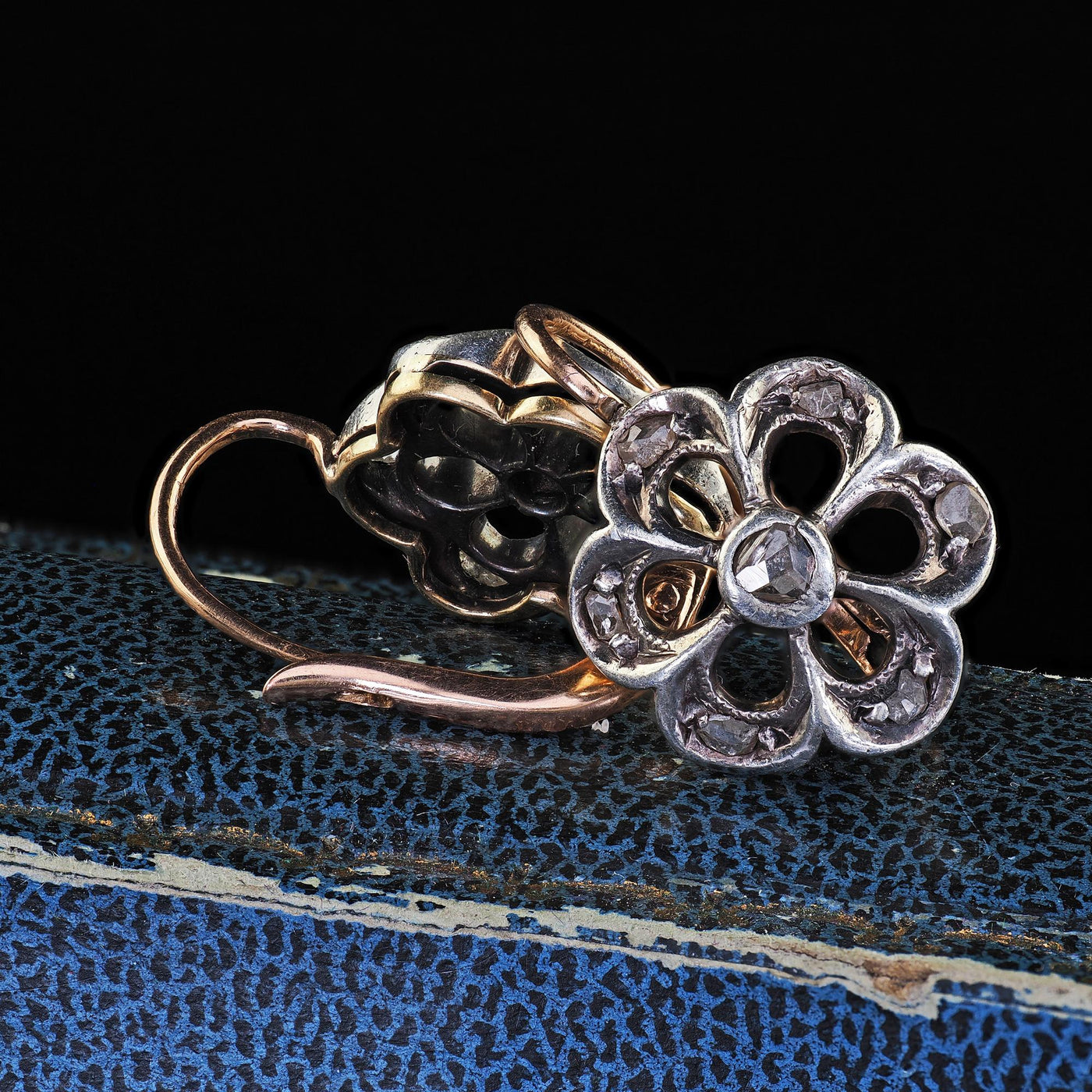 Antique Victorian 18K Yellow Gold and Silver Rose Cut Diamond Floral Earrings