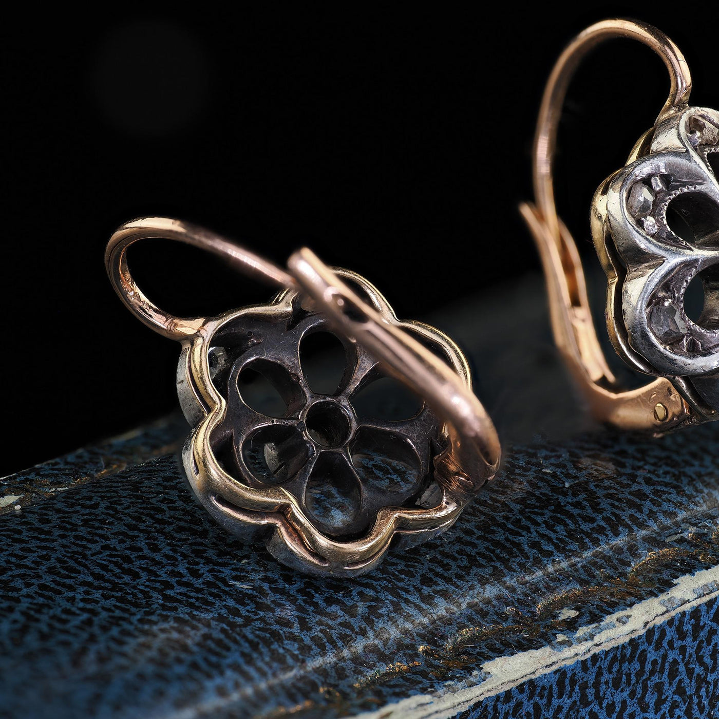 Antique Victorian 18K Yellow Gold and Silver Rose Cut Diamond Floral Earrings