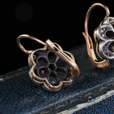 Antique Victorian 18K Yellow Gold and Silver Rose Cut Diamond Floral Earrings