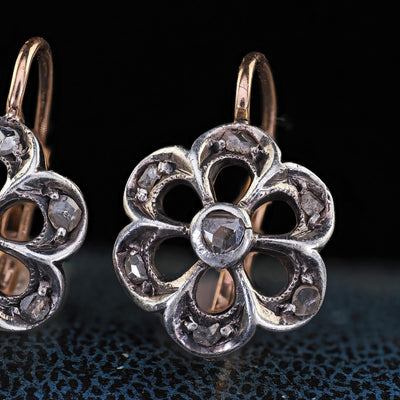 Antique Victorian 18K Yellow Gold and Silver Rose Cut Diamond Floral Earrings