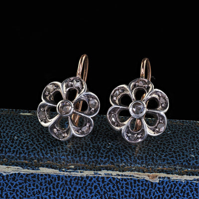 Antique Victorian 18K Yellow Gold and Silver Rose Cut Diamond Floral Earrings