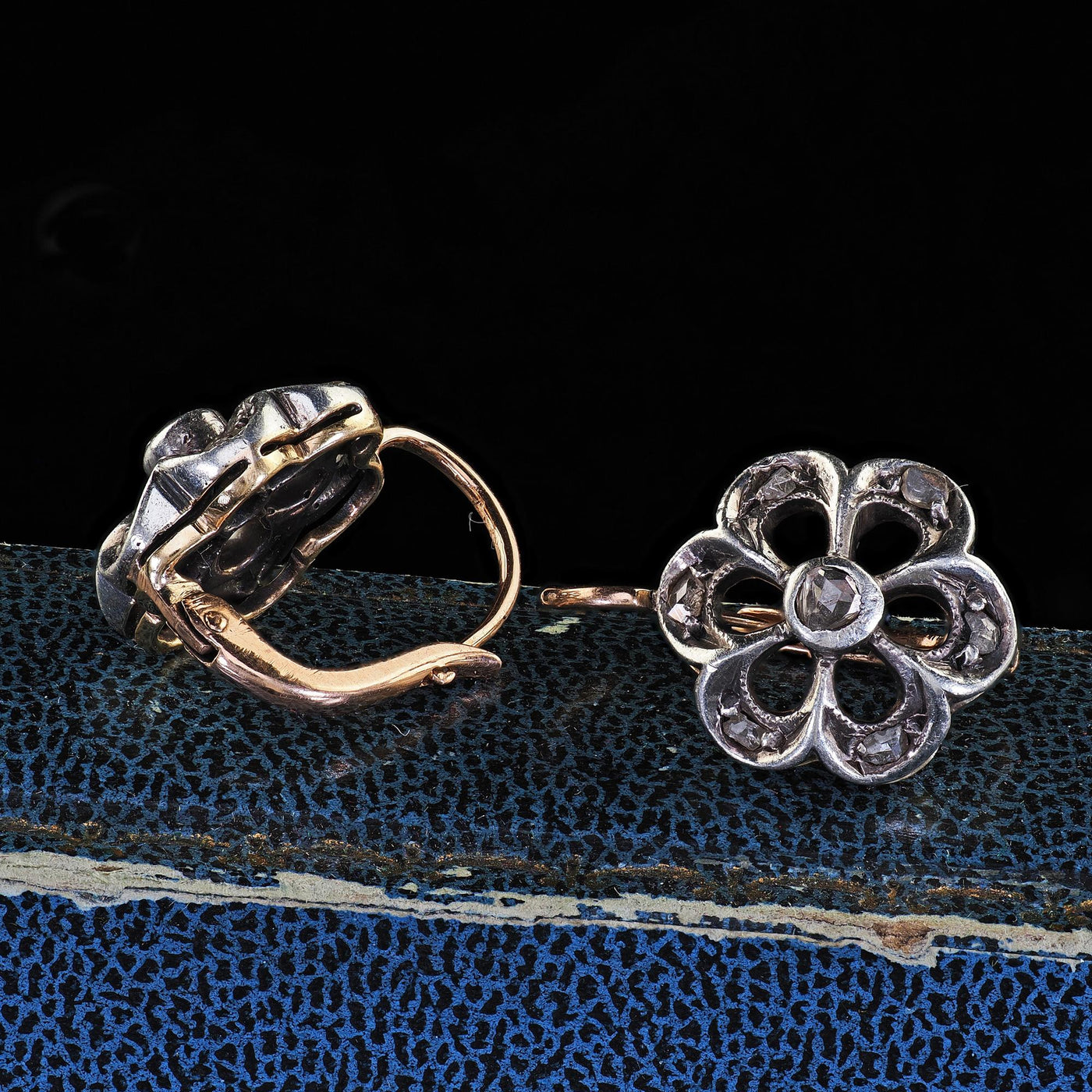Antique Victorian 18K Yellow Gold and Silver Rose Cut Diamond Floral Earrings