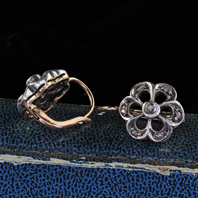 Antique Victorian 18K Yellow Gold and Silver Rose Cut Diamond Floral Earrings