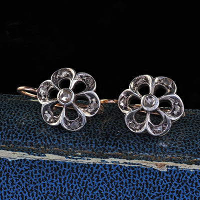 Antique Victorian 18K Yellow Gold and Silver Rose Cut Diamond Floral Earrings