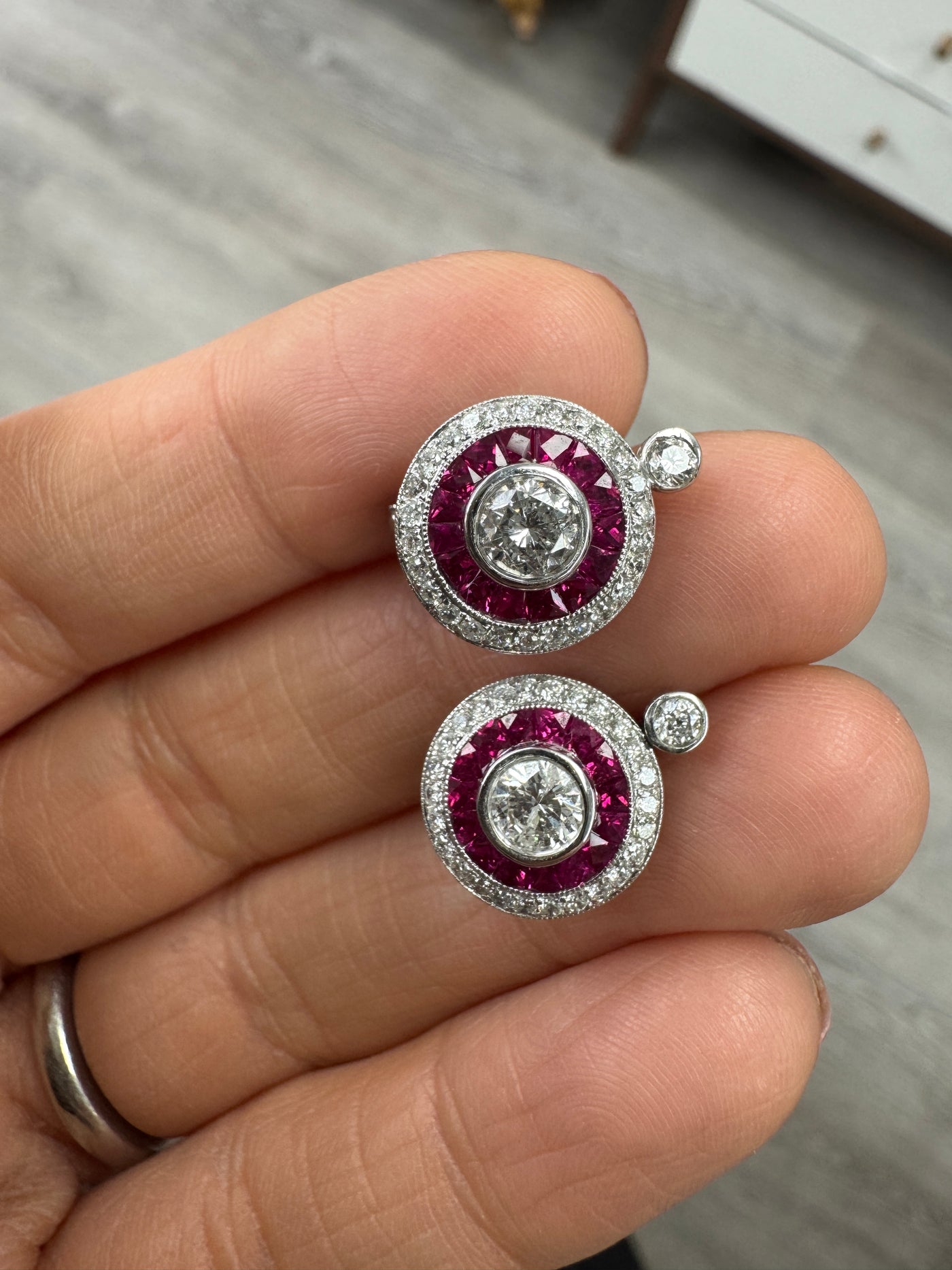 Vintage Estate 18K White Gold Diamond and Ruby Earrings