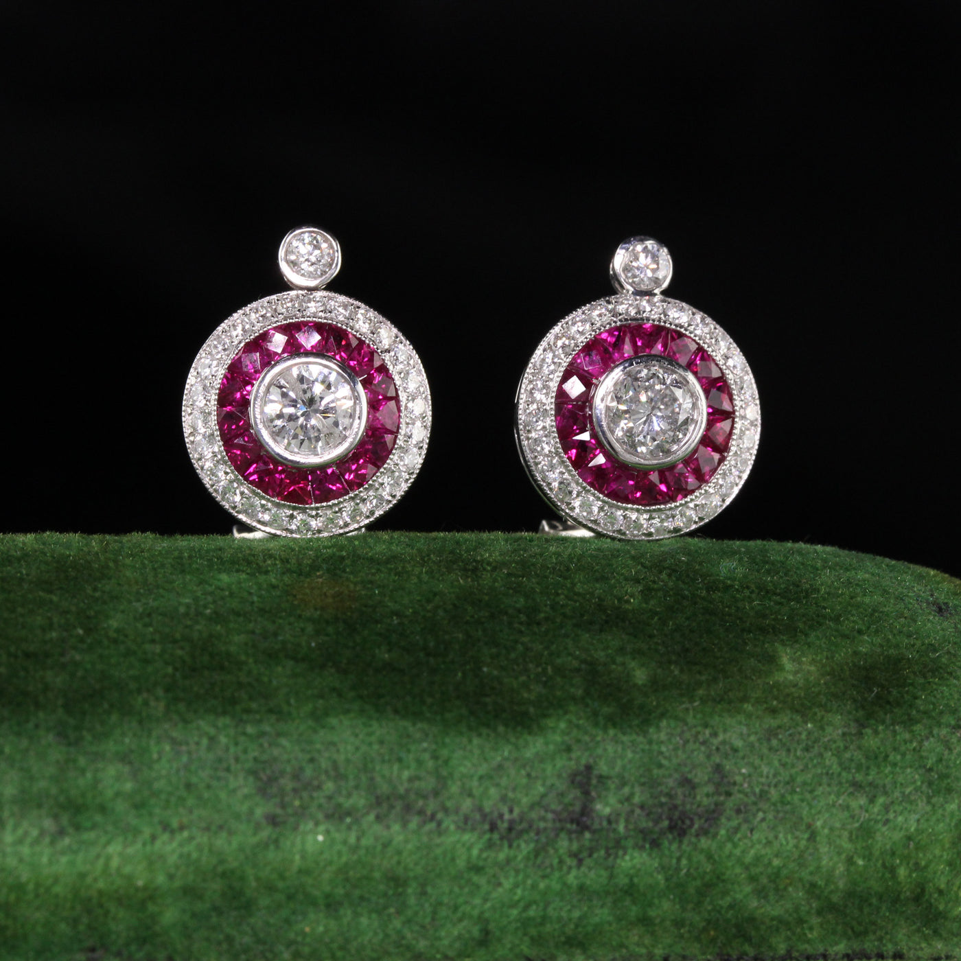Vintage Estate 18K White Gold Diamond and Ruby Earrings