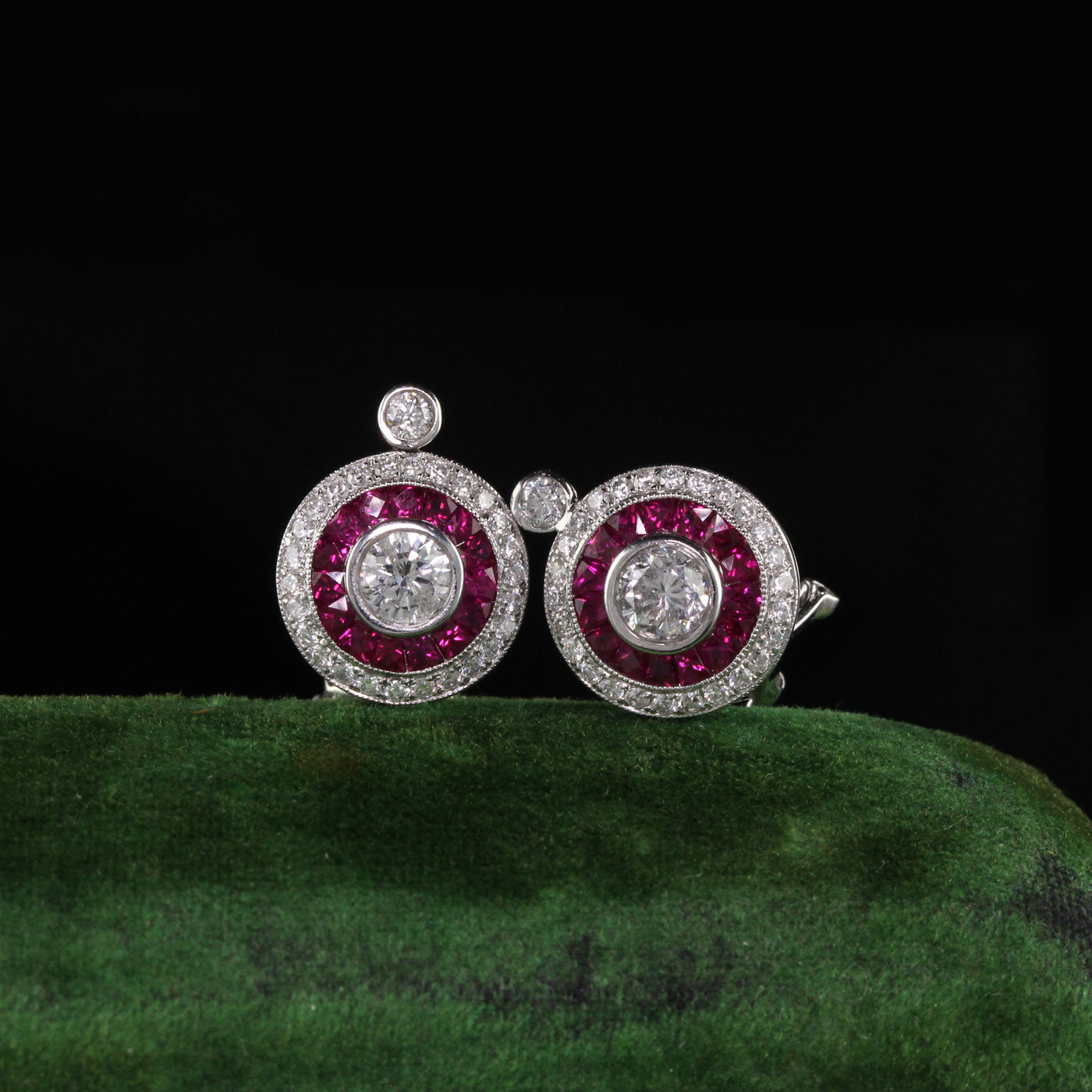Vintage Estate 18K White Gold Diamond and Ruby Earrings