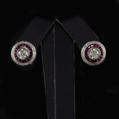 Vintage Estate 18K White Gold Diamond and Ruby Earrings