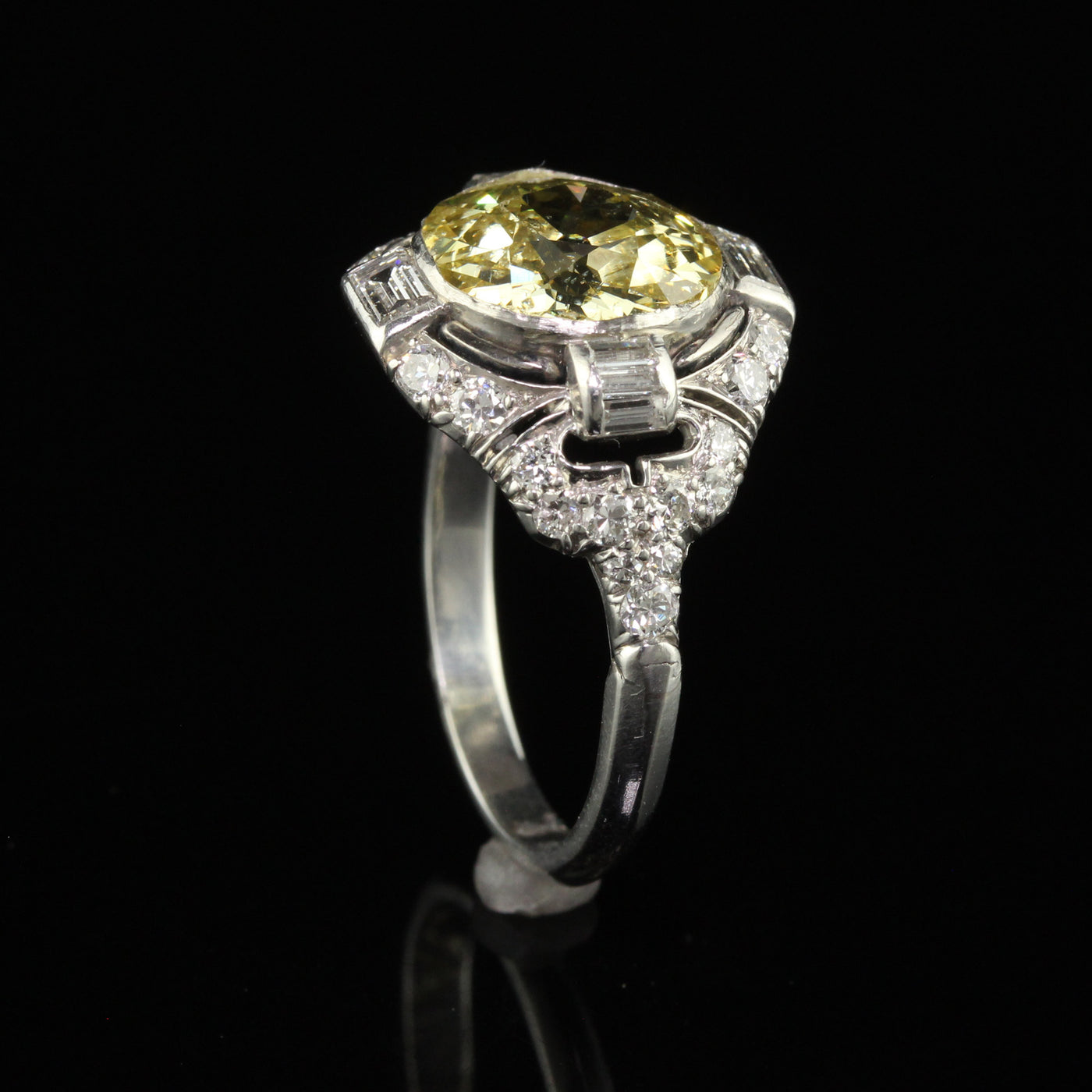 Antique Art Deco Platinum Fancy Intense Yellow Diamond Engagement Ring - GIA