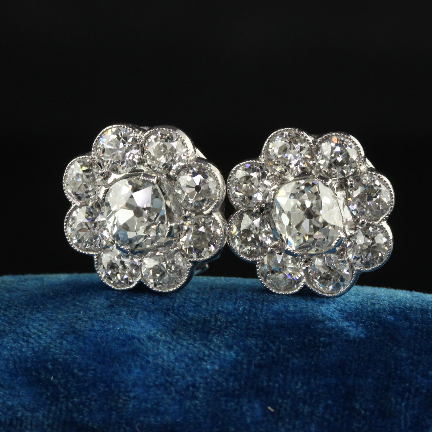 Vintage Estate Platinum Old Mine and Old Euro Cut Diamond Flower Cluster Earrings