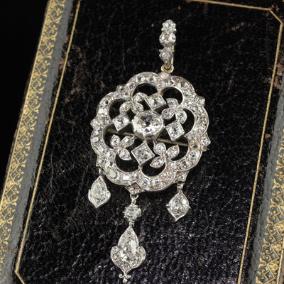 Antique Victorian Silver and Gold Old Mine Cut Diamond Pear Shape Diamond Pendant and Pin