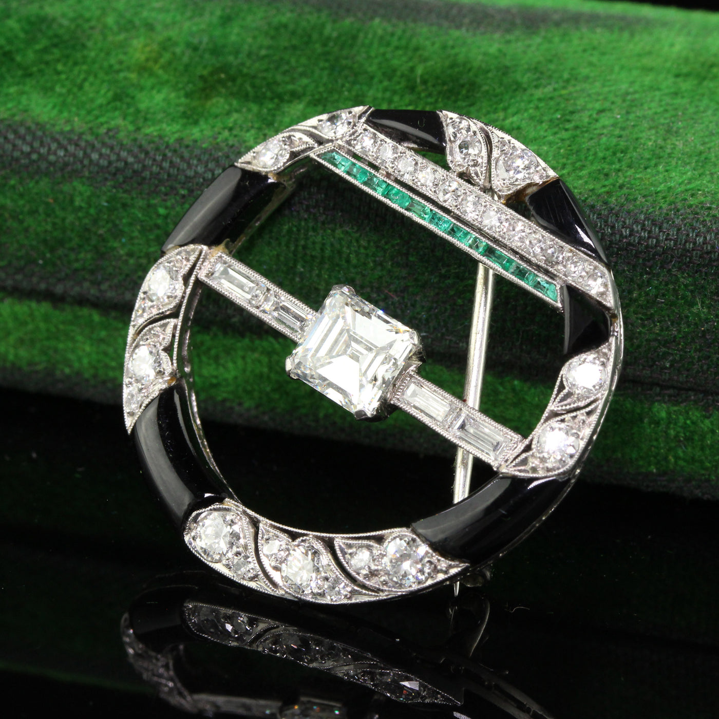 Antique Art Deco Platinum Old Emerald Cut Diamond Onyx and Emerald Pin