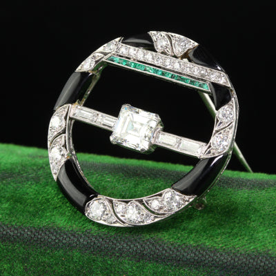 Antique Art Deco Platinum Old Emerald Cut Diamond Onyx and Emerald Pin