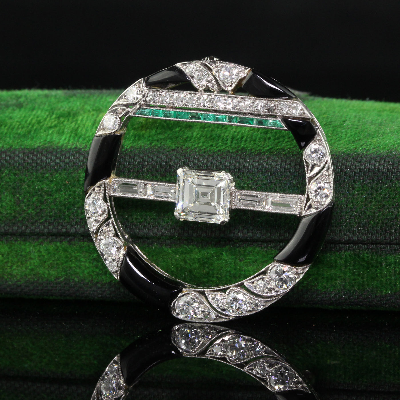 Antique Art Deco Platinum Old Emerald Cut Diamond Onyx and Emerald Pin