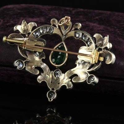 Antique Victorian 18K Yellow Gold Silver Top Emerald and Diamond Pin Pendant