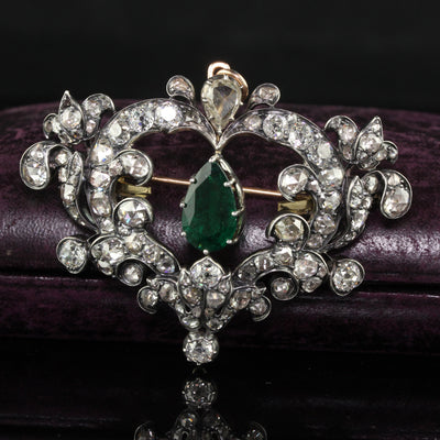 Antique Victorian 18K Yellow Gold Silver Top Emerald and Diamond Pin Pendant