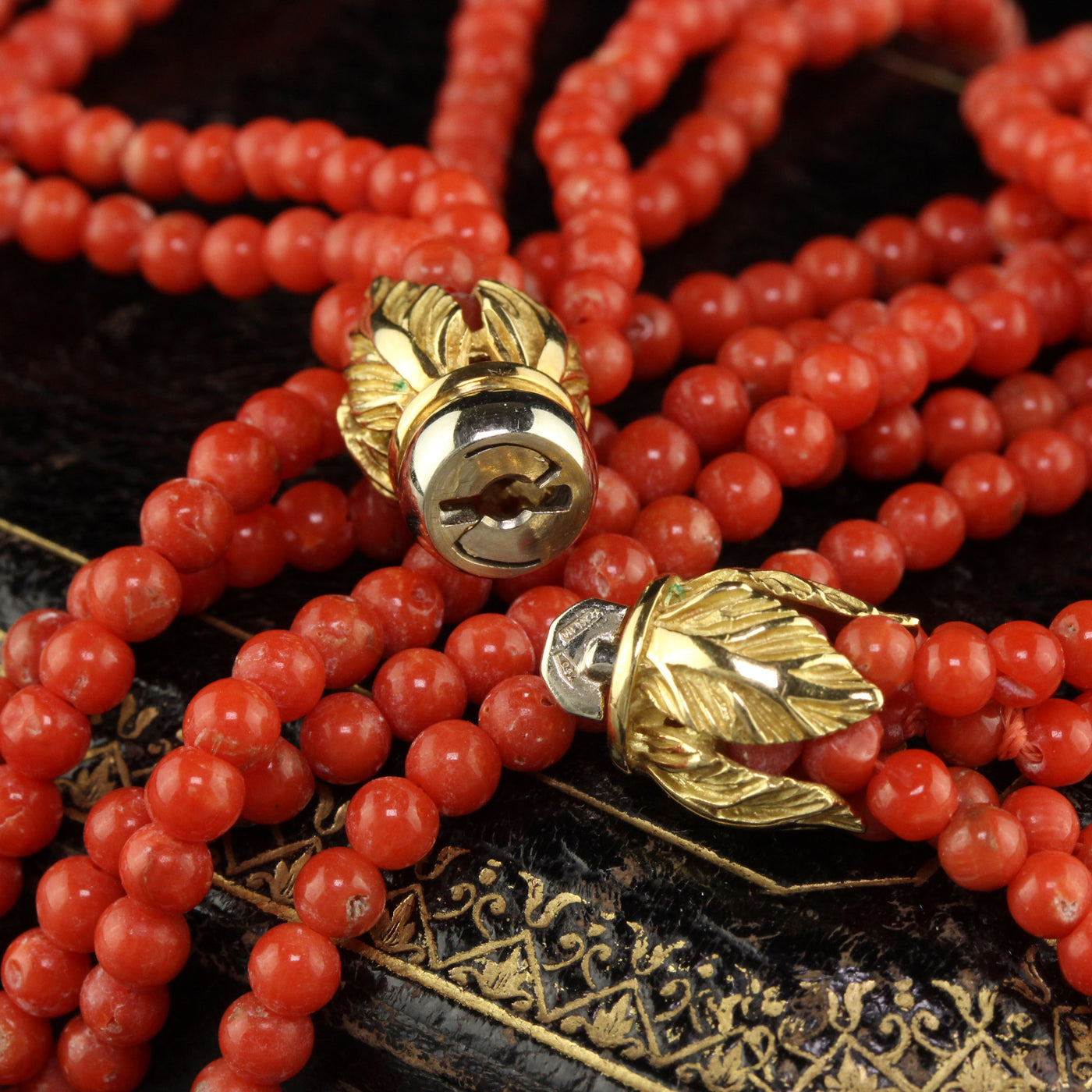 Vintage Triple-Strand Red Natural Coral Gold Beads Necklace