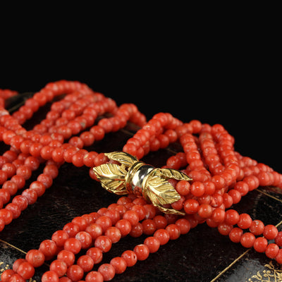 Vintage Italian 18K Yellow Gold Natural Coral Five Strand Necklace - 16 Inches