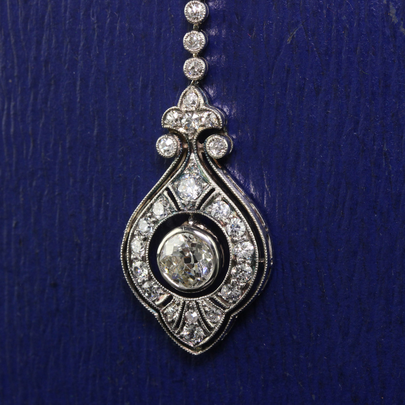 Antique Art Deco Platinum and Silver Old European Diamond Drop Filigree Pendant