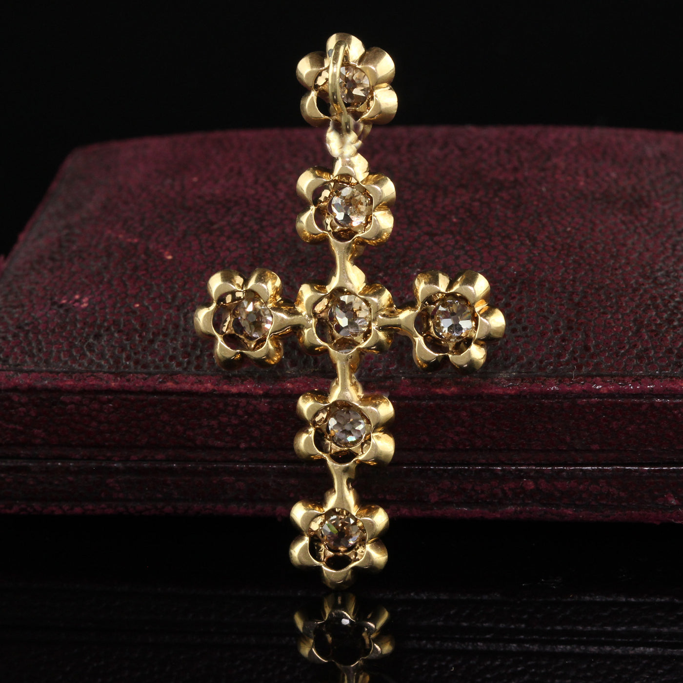Antique Victorian 18K Yellow Gold Old Mine Diamond Floral Cross