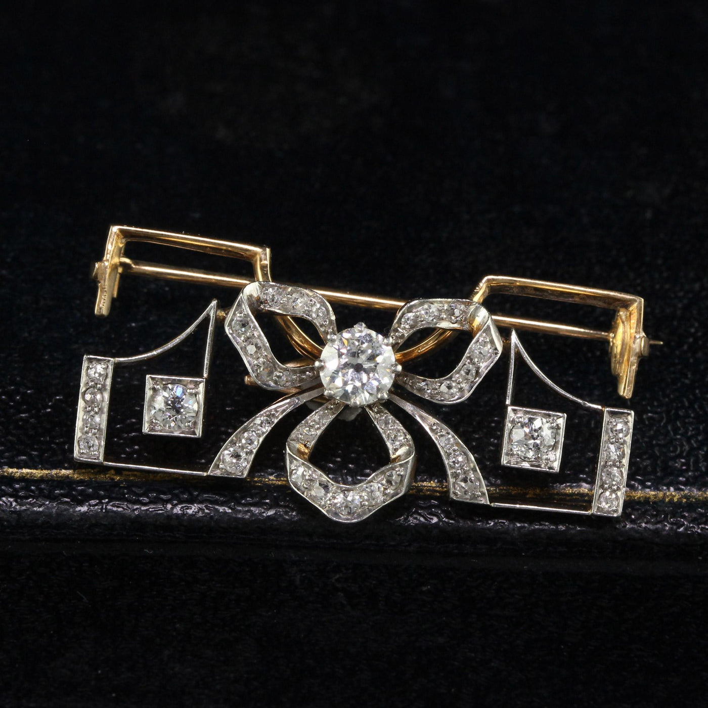 Antique Edwardian 14K Yellow Gold Old Euro Diamond Drop Pendant/Pin Necklace