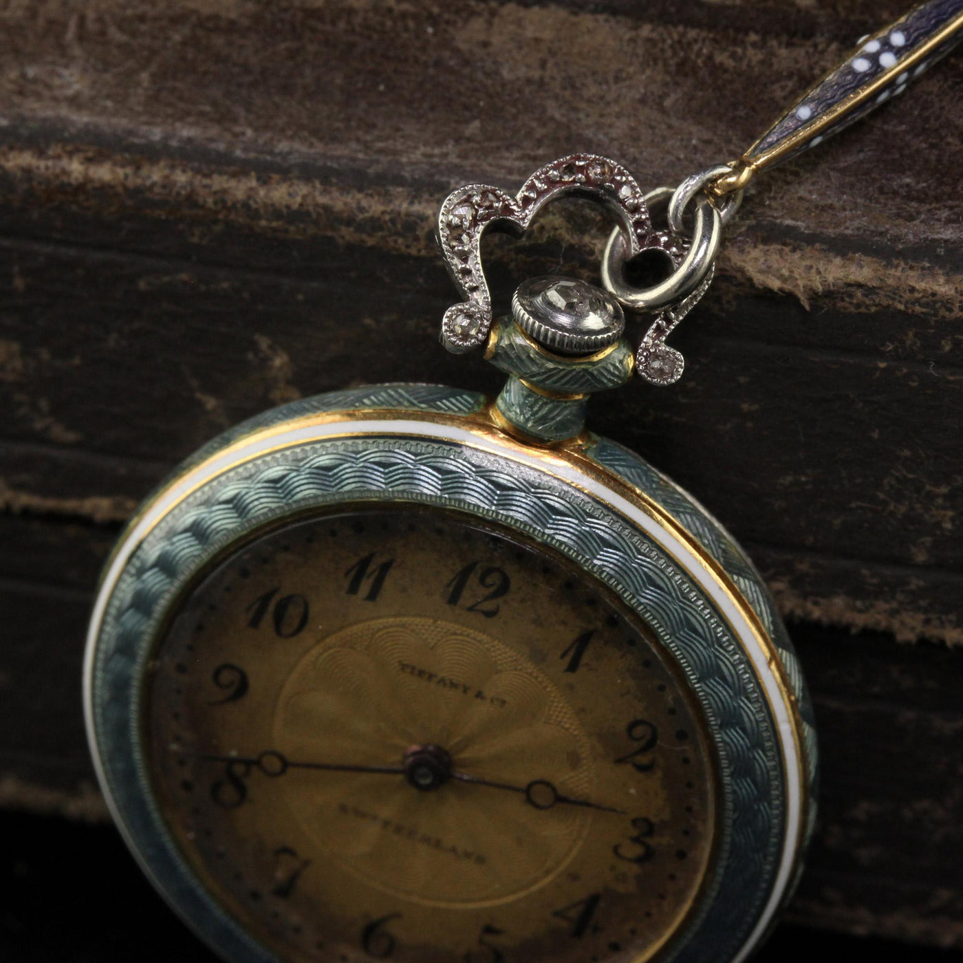 Antique Edwardian Tiffany and Co Platinum Guilloche Enamel Diamond Watch Pendant
